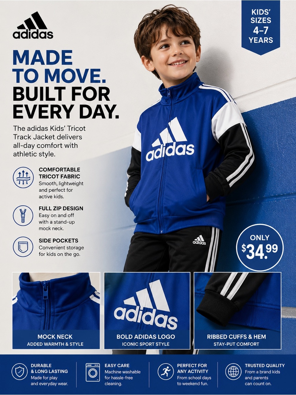adidas Royal Blue and Black Youth Track Jacket size 7